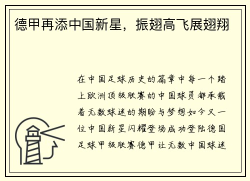 德甲再添中国新星，振翅高飞展翅翔